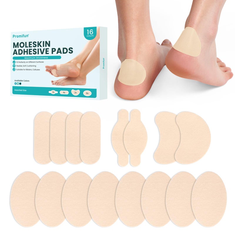 Moleskin Kit - Promifun Blisters Bandages for Foot, Toe, Feet,Finger - Mole Skin Patch for Blister,Callus - 16 Sheets of 4 Shapes,Beige